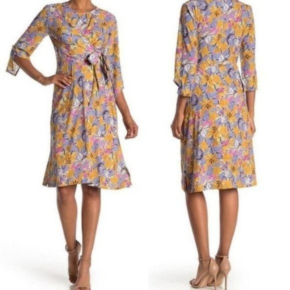 I. Madeline Flora Tie Front‎ Midi Dress S